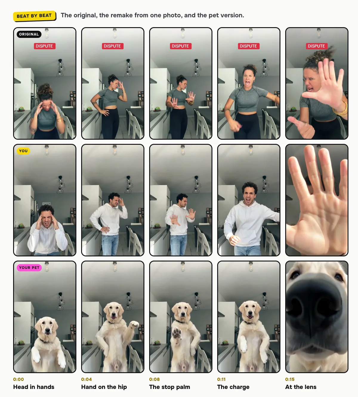 Beat by beat, the original kitchen argument on top, the remake from one photo in the middle and the pet version below: head in hands, hand on the hip, the stop palm, the charge and the lens