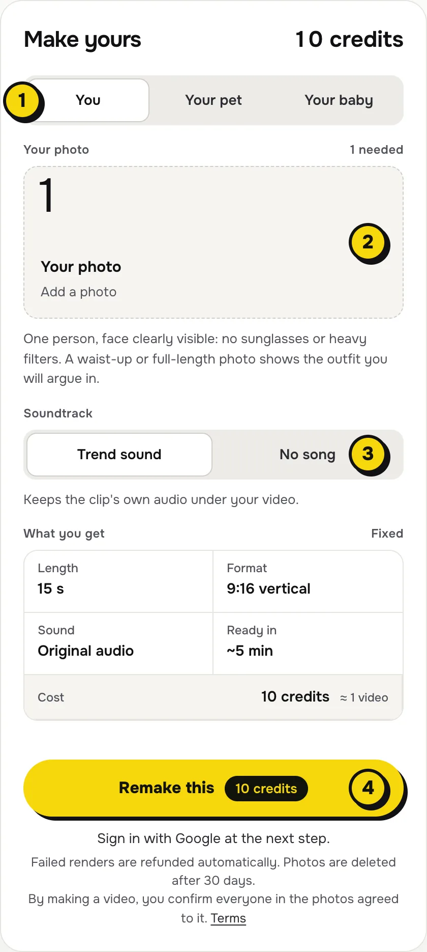 The ClipRemake maker for the Bad Times template: 1 You, Your pet or Your baby, 2 the photo box, 3 the Trend sound or No song switch, 4 the Remake this button