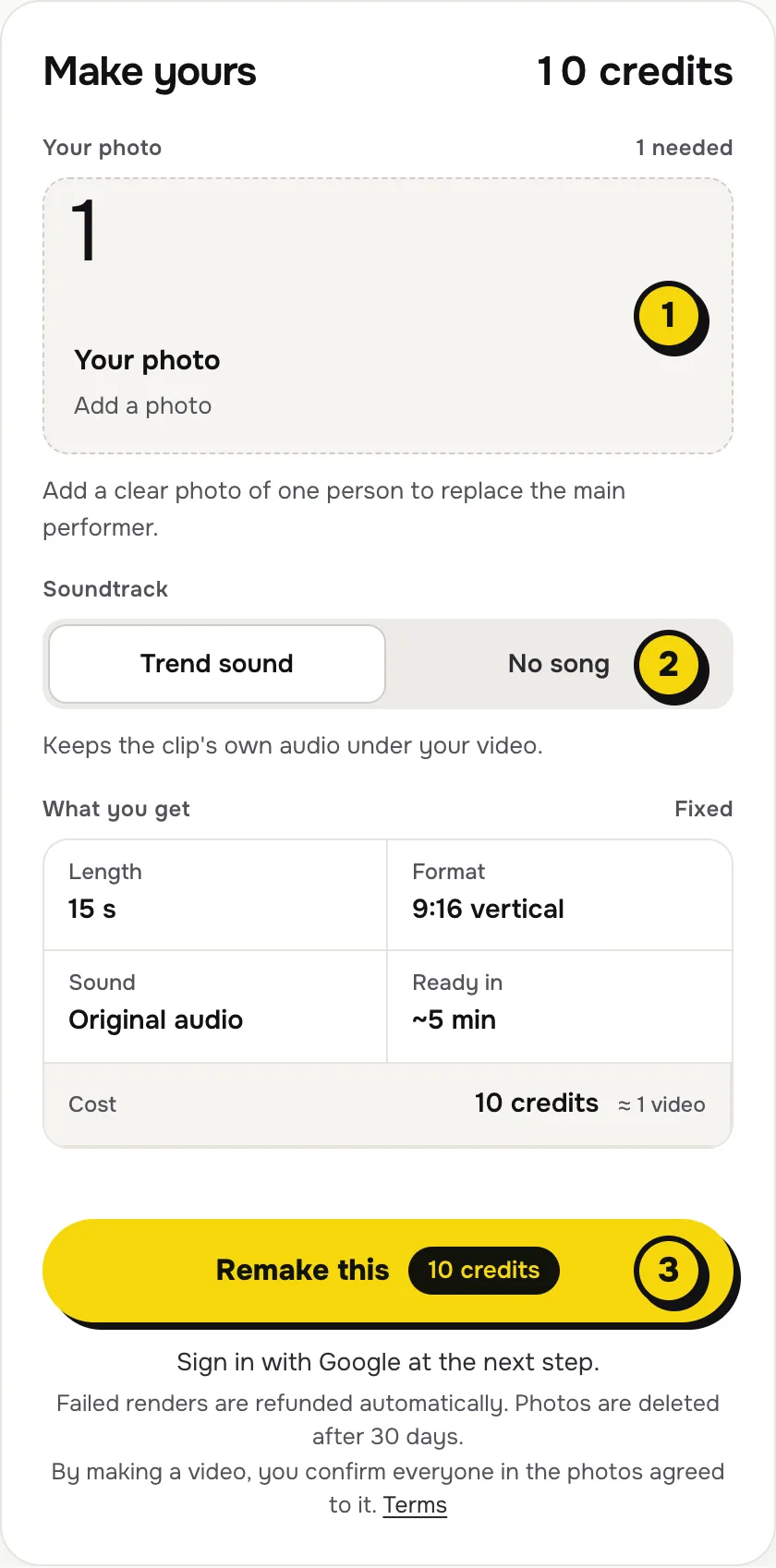The ClipRemake maker for the BbY WOW template: 1 the photo box, 2 the Trend sound or No song switch, 3 the Remake this button