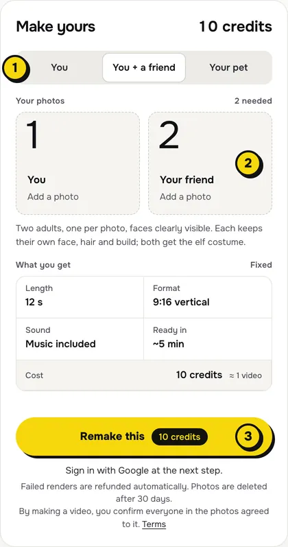 The ClipRemake maker for the AI elf dance template: 1 You, You + a friend or Your pet, 2 the photo boxes, 3 the Remake this button