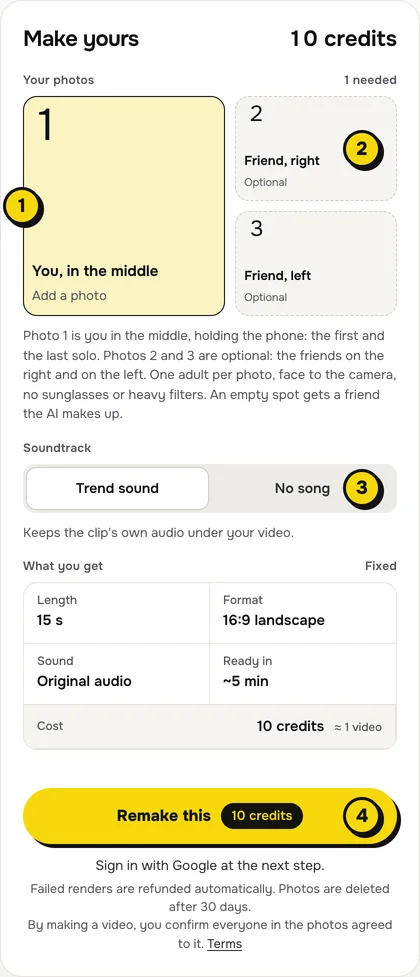 The ClipRemake maker for the Gangnam Style template: 1 your photo in the middle, 2 the optional friends on the right and on the left, 3 the Trend sound or No song switch, 4 the Remake this button