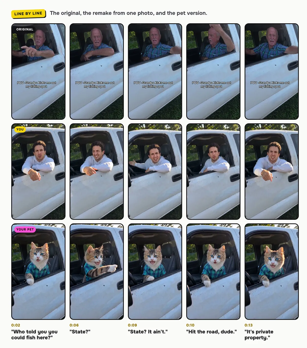 Line by line, the original pickup clip on top, the remake from one photo in the middle and the pet version below: who told you you could fish here, State, State it ain't, hit the road dude and it's private property