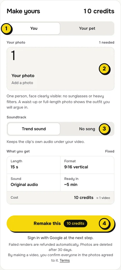 The ClipRemake maker for the Hit the Road Dude template: 1 You or Your pet, 2 the photo box, 3 the Trend sound or No song switch, 4 the Remake this button