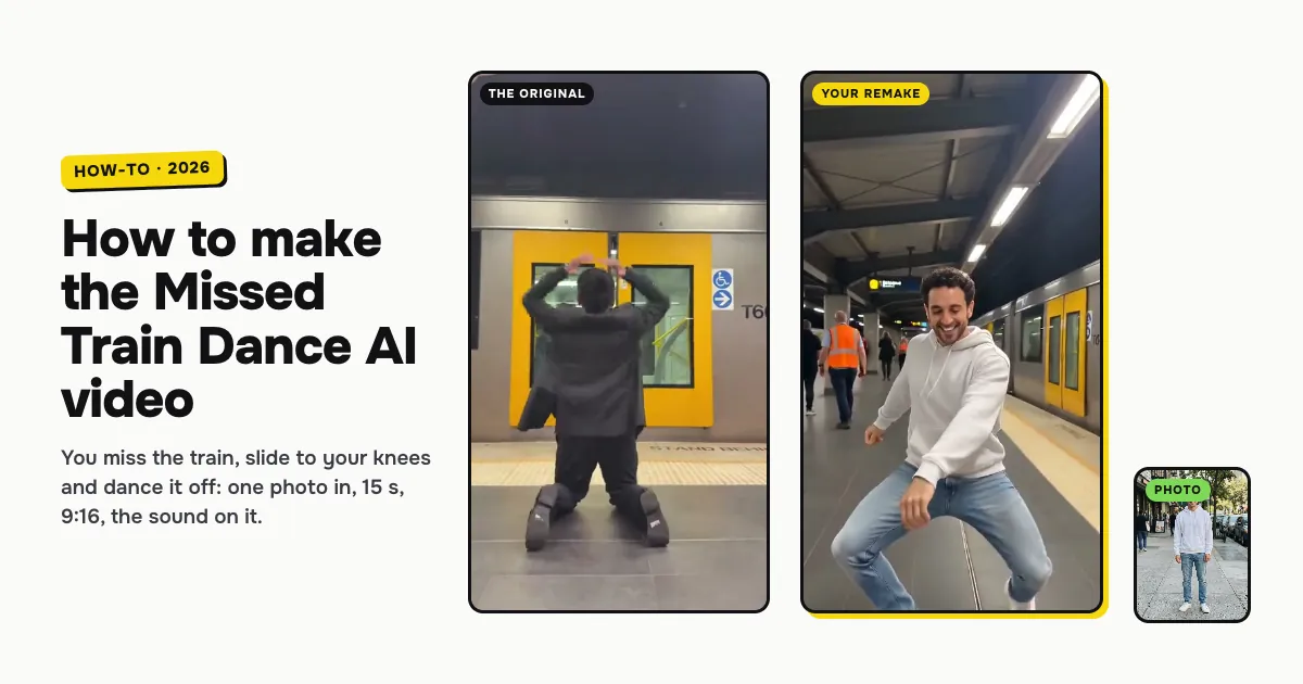 The Missed Train Dance AI: the original clip on its knees at the closed train doors, and the remake from one photo of a man dancing on the platform