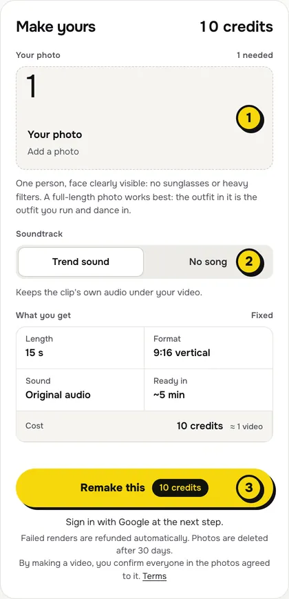 The ClipRemake maker for the Missed Train Dance template: 1 the photo box, 2 the Trend sound or No song switch, 3 the Remake this button