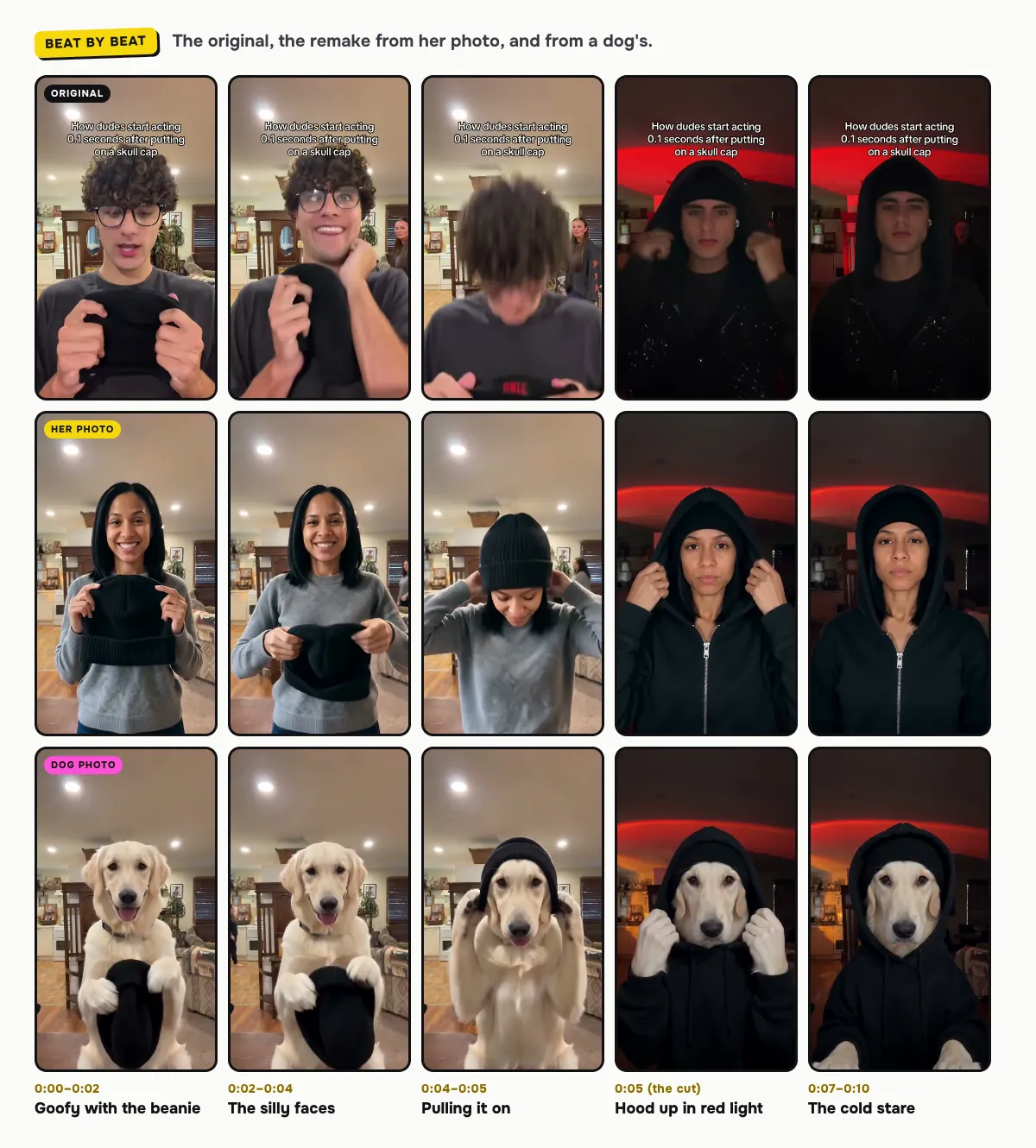 Beat by beat, the original clip on top, the remake from a woman's photo in the middle and from a dog's photo below: goofy with the beanie, the silly faces, pulling it on, hood up in red light, the cold stare